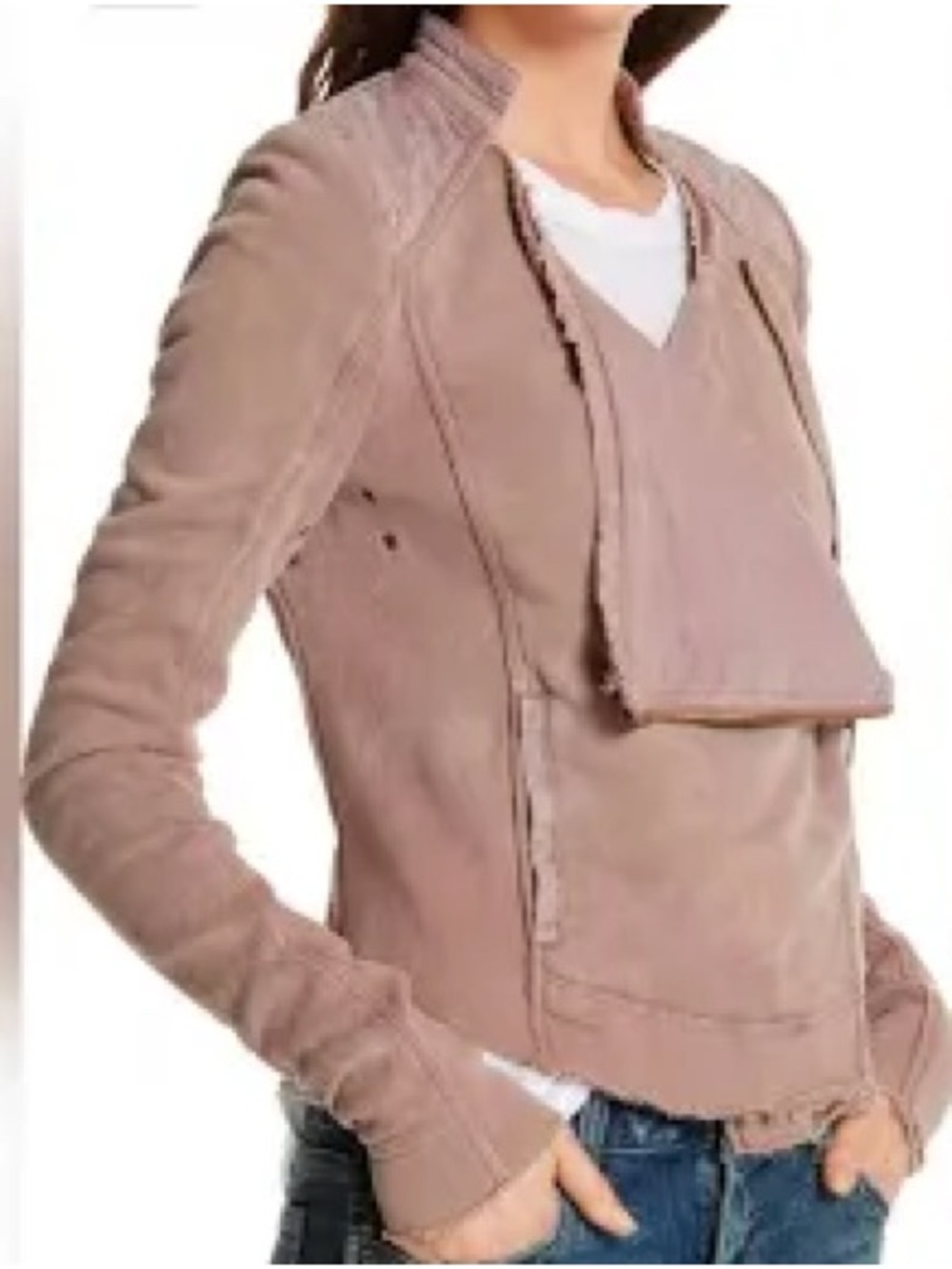 Free People Distressed Taupe Suede-Look Asymmetric Zip Jacket